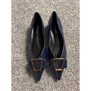 C.Paravano Classic Navy Flats with Gold Buckle pointed toe US 8.5 sz 39
